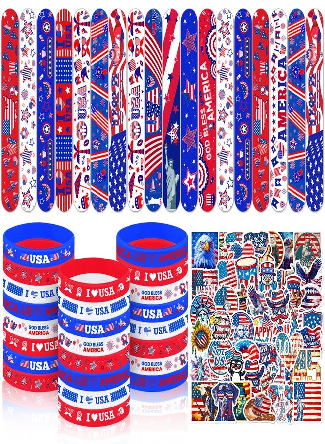 FINDRICH 93PCS 4th of July Favors - USA 250 Patriotic Party Favors with Red White and Blue Silicone Bracelets Slap Bracelets Stickers Gift for Veteran USA 250 Patriotic Accessories - Image 1